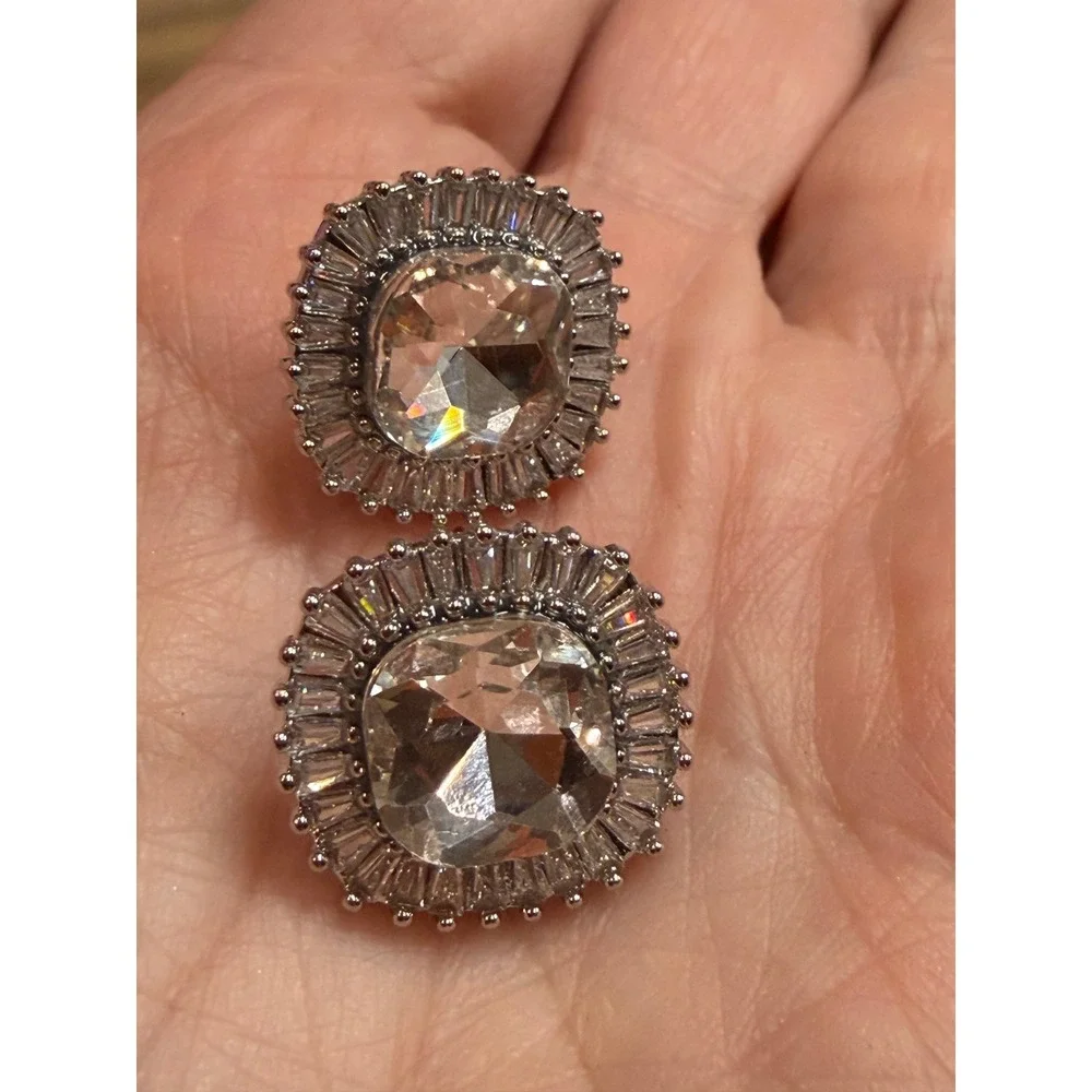 Silver‎ Tone Cushion Cut Crystal Sunburst Halo Stud Earrings NEW